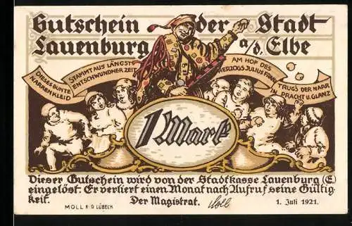 Notgeld Lauenburg 1921, 1 Mark, Harlekin Motiv und Stadtansicht