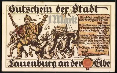 Notgeld Lauenburg 1921, 1 Mark, Harlekin Motiv und Stadtansicht