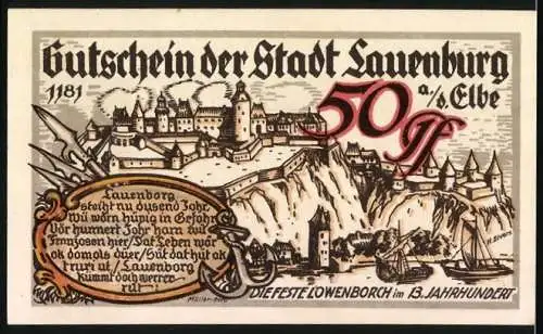 Notgeld Lauenburg, 50 Pfennig, Stadtansichten und historische Abbildungen der Stadt Lauenburg an der Elbe