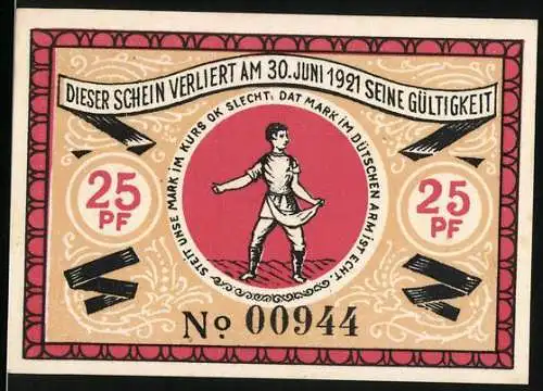 Notgeld Steinfeld 1920, 25 Pf, Bauer und Schriftzug, Baum auf Feld