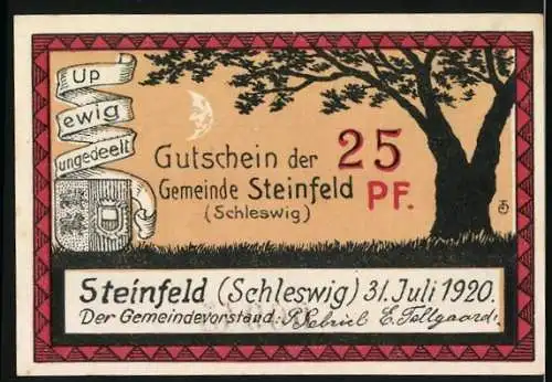 Notgeld Steinfeld 1920, 25 Pf, Bauer und Schriftzug, Baum auf Feld