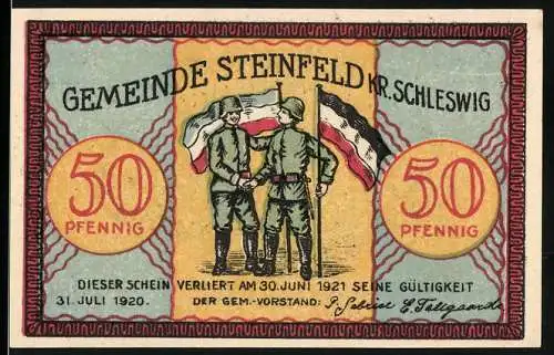 Notgeld Steinfeld Kr. Schleswig, 1920, 50 Pfennig, Soldaten mit Fahnen, Sonnenaufgang und Landschaft