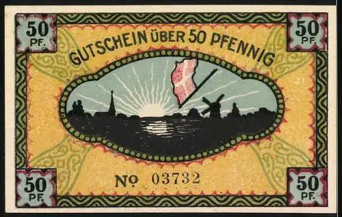 Notgeld Steinfeld Kr. Schleswig, 1920, 50 Pfennig, Soldaten mit Fahnen, Sonnenaufgang und Landschaft