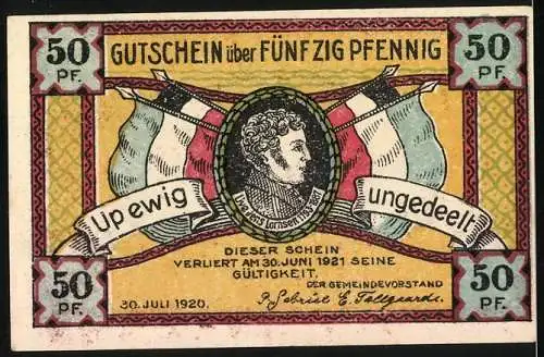 Notgeld Steinfeld 1920, 50 Pfennig, Gültig bis 30. Juni 1921 mit historischem Motiv