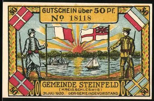 Notgeld Steinfeld (Kreis Schleswig) 1920, 50 Pfennig, Zwei Soldaten mit Flaggen und Segelboot vor Sonnenaufgang