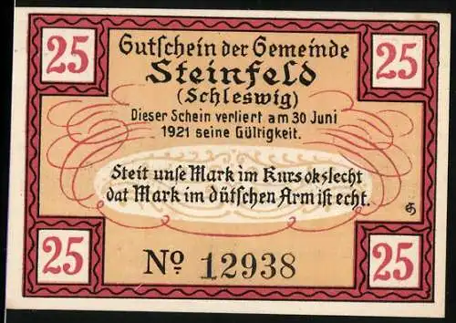Notgeld Steinfeld 1920, 25 Pfennig, Gutschein der Gemeinde Steinfeld, Schleswig, No 12938, Windmühle und Landschaft
