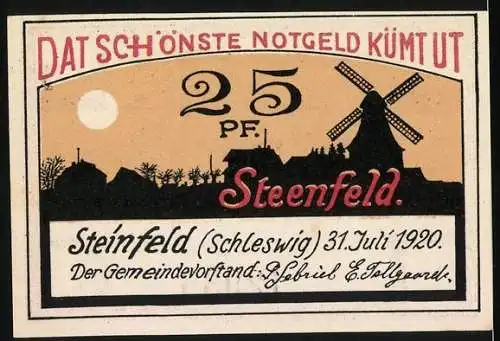 Notgeld Steinfeld 1920, 25 Pfennig, Gutschein der Gemeinde Steinfeld, Schleswig, No 12938, Windmühle und Landschaft