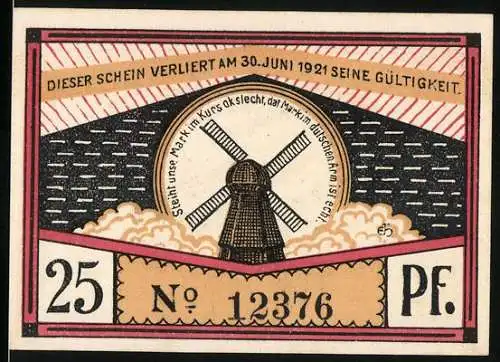 Notgeld Steinfeld 1920, 25 Pf, Windmühle und Pferdepflug