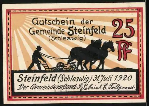 Notgeld Steinfeld 1920, 25 Pf, Windmühle und Pferdepflug