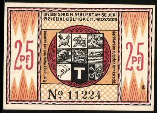 Notgeld Steinfeld, 1920, 25 Pf, Wappen und Landschaftssilhouette, Gültigkeit bis 30. Juni 1921