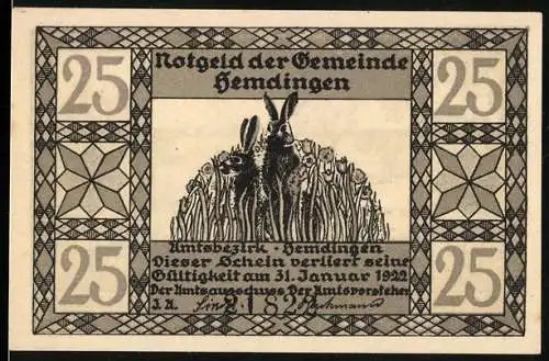 Notgeld Hemdingen 1922, 25 Pfennig, Hase im Feld und Igel im Gartenmotiv