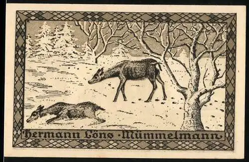 Notgeld Hemdingen 1922, 75 Pfennig, Hermann Löns Mümmelmann, hungrige Rehe im Winter