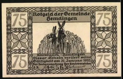 Notgeld Hemdingen 1922, 75 Pfennig, Hermann Löns Mümmelmann, hungrige Rehe im Winter