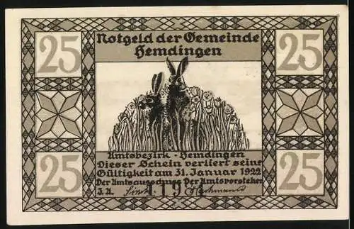 Notgeld Hemdingen 1921, 25 Pfennig, Hermann Lons Mümmelmann, Hase im Gras, Gültigkeit bis 31. Januar 1922