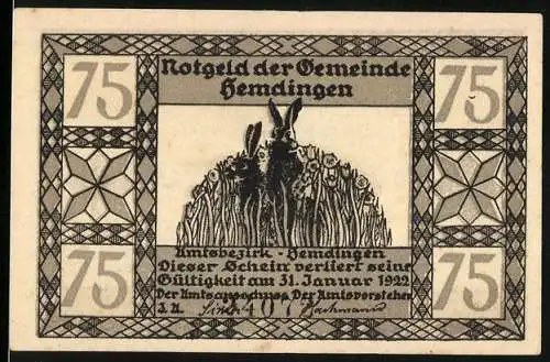 Notgeld Hemdingen, 1922, 75 Pfennig, Gemeinde Hemdingen mit Kaninchenmotiv und Rückseite mit Wildschwein im Schnee