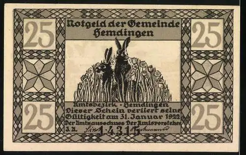 Notgeld Hemdingen, 1922, 25 Pfennig, Eichhörnchen und Kaninchen im Wald