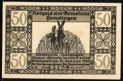 Notgeld Hemdingen 1922, 50 Pfennig, Drei Hasen im Feld, Rückseite laufender Hase und Sonnenaufgang