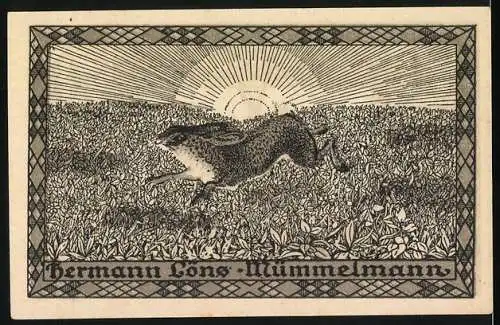 Notgeld Hemdingen 1922, 50 Pfennig, Drei Hasen im Feld, Rückseite laufender Hase und Sonnenaufgang