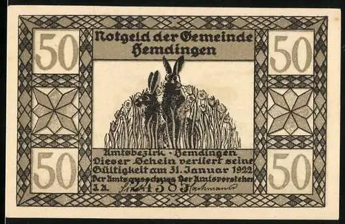 Notgeld Hemdingen 1921, 50 Pfennig, zwei Hasen im Feld und laufender Hase vor Sonnenaufgang