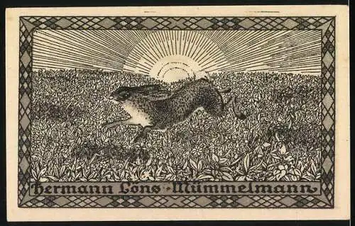 Notgeld Hemdingen 1921, 50 Pfennig, zwei Hasen im Feld und laufender Hase vor Sonnenaufgang