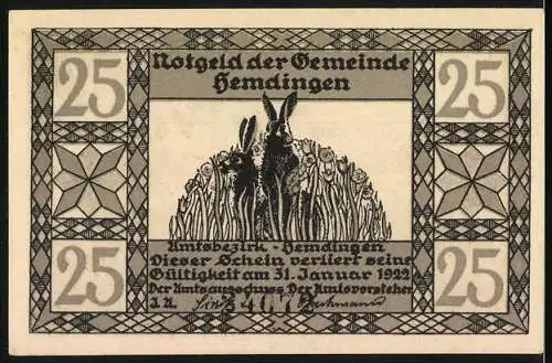 Notgeld Hemdingen, 1922, 25 Pfennig, Landschaft mit Eichhörnchen und Hasen