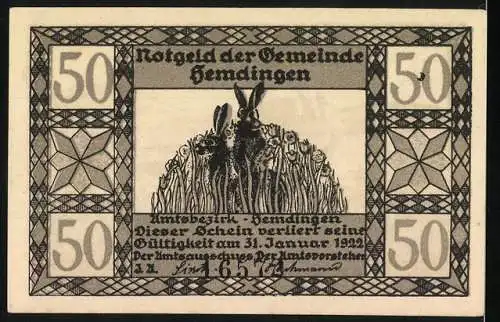 Notgeld Hemdingen, 1922, 50 Pfennig, Fuchs und Hase in Landschaft