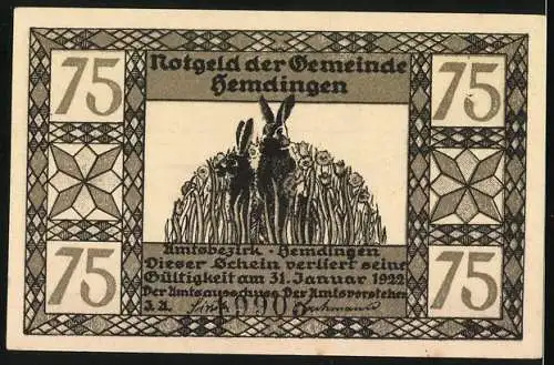 Notgeld Hemdingen, 1922, 75 Pfennig, Wildschwein im Schnee und Kaninchen im Feld