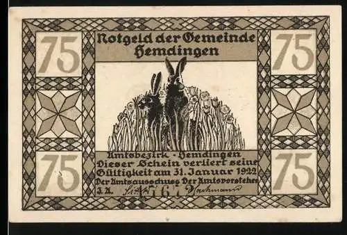 Notgeld Hemdingen 1922, 75 Pfennig, Vorderseite mit Feld und Esel, Rückseite mit Reh und Hase