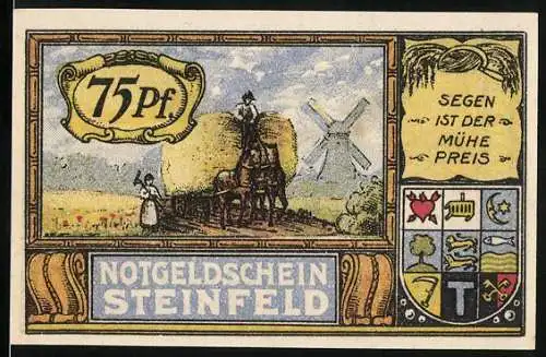 Notgeld Steinfeld, 1921, 75 Pfennig, Pferdewagen mit Heu und Windmühle, Adler mit Flagge, gültig bis 30. November 1921