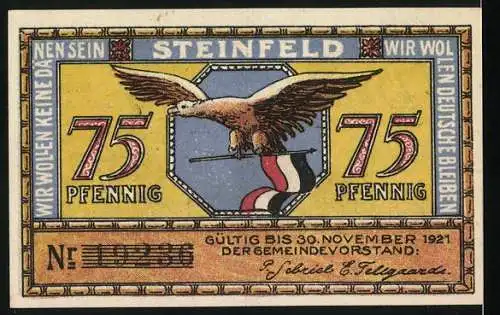 Notgeld Steinfeld, 1921, 75 Pfennig, Pferdewagen mit Heu und Windmühle, Adler mit Flagge, gültig bis 30. November 1921