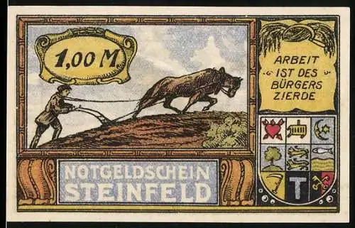 Notgeld Steinfeld 1921, 1 Mark, Bauer mit Pferd und Adler, Arbeit ist des Bürgers Zierde