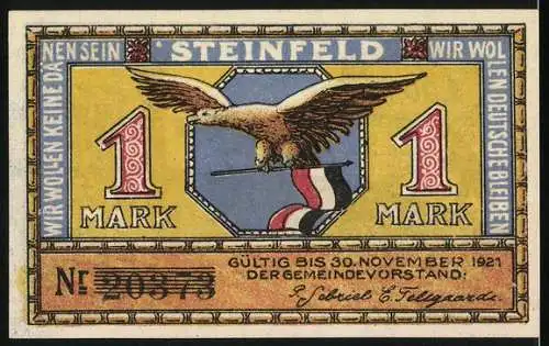 Notgeld Steinfeld 1921, 1 Mark, Bauer mit Pferd und Adler, Arbeit ist des Bürgers Zierde