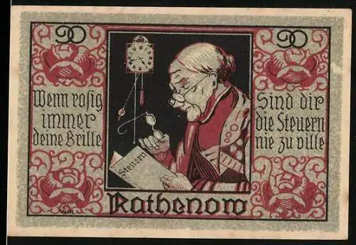 Notgeld Rathenow, 50 Pfennig, ältere Frau mit Brille und Steuern Hinweis / Stadtansicht und Text