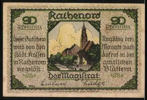 Notgeld Rathenow, 50 Pfennig, ältere Frau mit Brille und Steuern Hinweis / Stadtansicht und Text