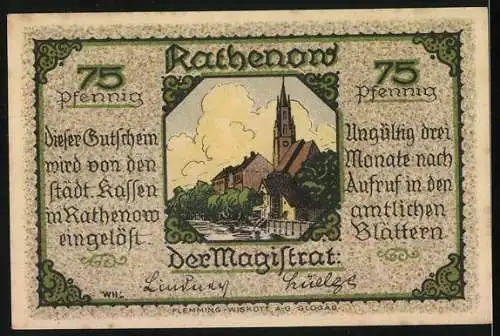 Notgeld Rathenow, 75 Pfennig, Abbildung eines Weisen und Landschaft mit Kirche