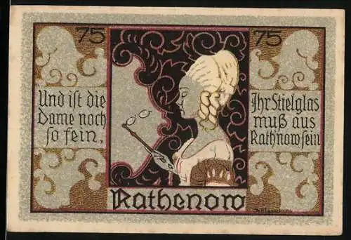 Notgeld Rathenow, 75 Pfennig, Dame mit Stielglas und Stadtszene