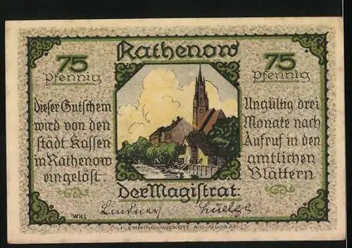 Notgeld Rathenow, 75 Pfennig, Dame mit Stielglas und Stadtszene