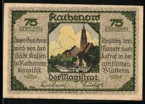 Notgeld Rathenow, 75 Pfennig, Stadtansicht und Reiterdarstellung