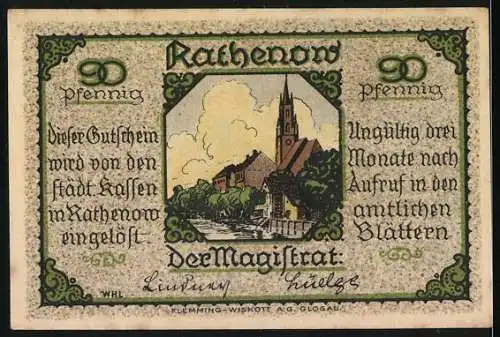 Notgeld Rathenow, 90 Pfennig, Mann am Teleskop, Stadtansicht mit Kirche