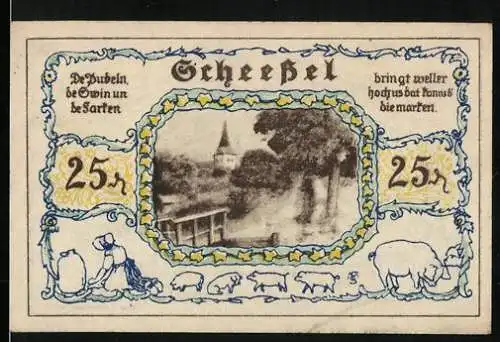 Notgeld Scheessel, 1921, 25 Pfennig, Ortsansicht und Trachtenpaar mit Wappen