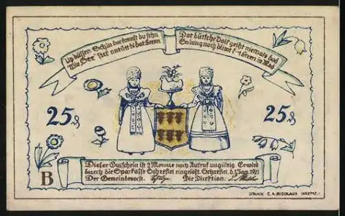 Notgeld Scheessel, 1921, 25 Pfennig, Ortsansicht und Trachtenpaar mit Wappen