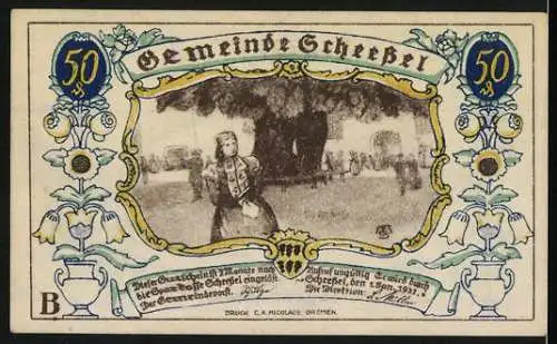 Notgeld Scheessel, 1921, 50 Pfennig, landwirtschaftliche Szene, Frau in traditioneller Kleidung