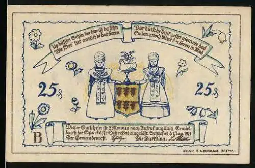 Notgeld Scheessel, 1921, 25 Pfennig, Zwei Frauen in Tracht und Landschaft mit Kirche und Tieren