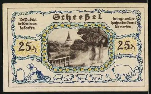 Notgeld Scheessel, 1921, 25 Pfennig, Zwei Frauen in Tracht und Landschaft mit Kirche und Tieren