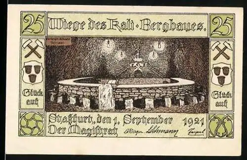 Notgeld Stassfurt 1921, 25 Pfennig, Wiege des Kali-Bergbaues mit Bergmann und Wappen