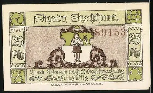 Notgeld Stassfurt, 1921, 25 Pfennig, Bergbau-Szene und Stadtwappen