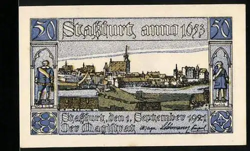 Notgeld Stassfurt 1921, 50 Pfennig, Stadtansicht mit Stadtwappen und Figuren