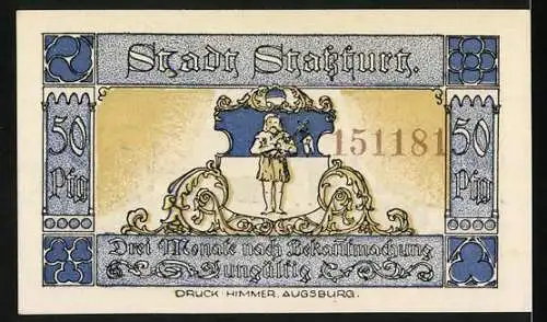 Notgeld Stassfurt, 1921, 50 Pfennig, Soldaten mit Pferden und Stadtwappen, Druck Himmer, Augsburg