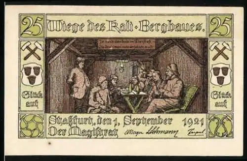 Notgeld Stassfurt 1921, 25 Pfennig, Wiege des Kali-Bergbaues, Stadt Stassfurt drei Monate nach Bekanntmachung ungültig