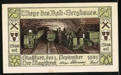 Notgeld Stassfurt, 1921, 25 Pfennig, Bergbau-Szene mit Bergleuten und Förderwagen